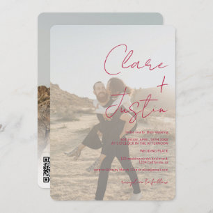 Invitation Magenta script noms photos Qr code mariage