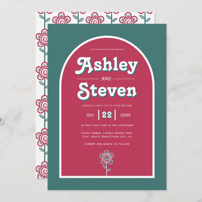 Invitation Magenta super rétro et mariage d'inspiration les a (Devant / Derrière)