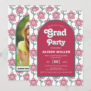 Invitation Magenta super rétro, fleurs turquoises les années