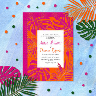 Invitation Magenta tropical et mariage feuille orange vif