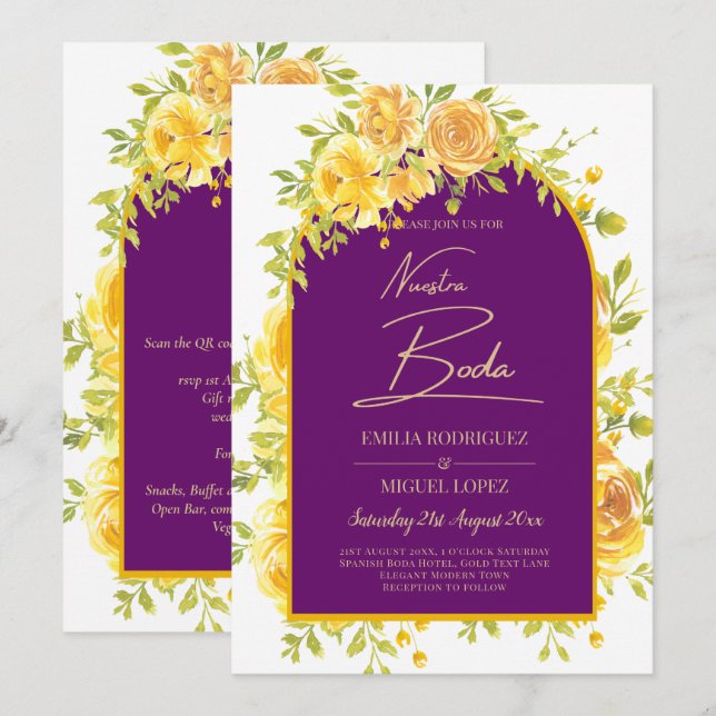 Invitation Magenta Yellow Roses Plum Purple Gold Mariage (Devant / Derrière)