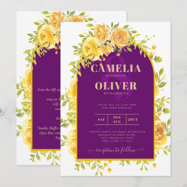 Invitation Magenta Yellow Roses Plum Purple Gold Mariage (Devant / Derrière)