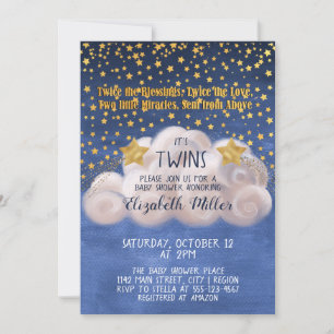 Invitation Magic Golden Stars Marine Blue Twins Baby shower