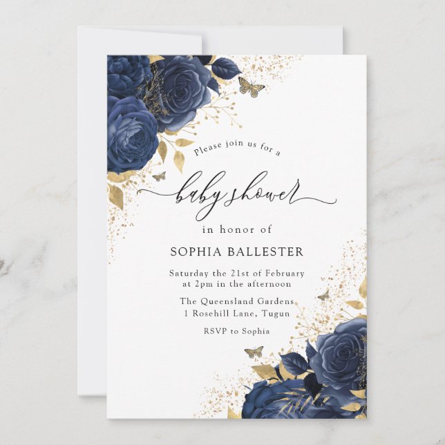 Invitation Magic Navy Indigo Blue Roses & Gold Baby shower (Devant)