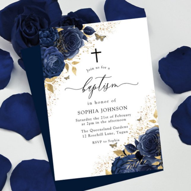 Invitation Magic Navy Indigo Blue Roses & Gold Baptism (Créateur téléchargé)