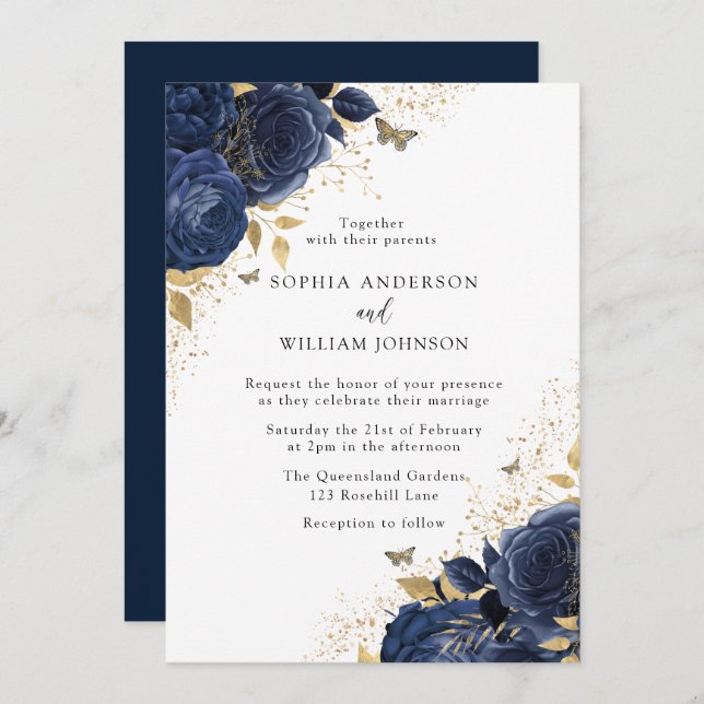 Invitation Magic Navy Indigo Blue Roses & Gold Mariage (Devant / Derrière)