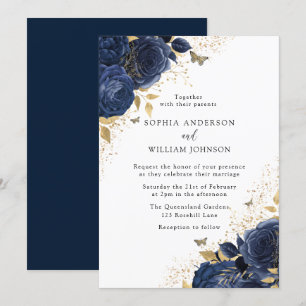 Invitation Magic Navy Indigo Blue Roses & Gold Mariage