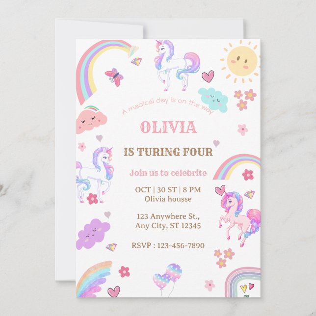 Invitation Magic Pastel Unicorn Rainbow Birthday Party (Devant)