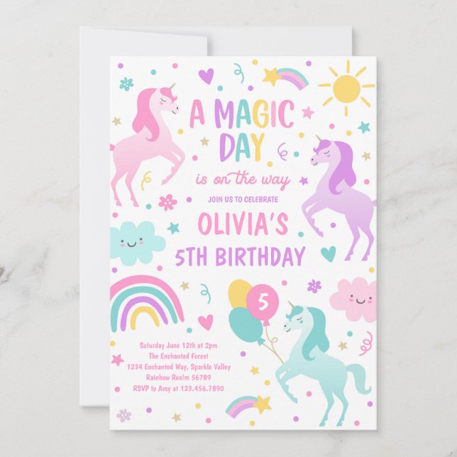 Invitation Magic Pastel Unicorn Rainbow Birthday Party (Devant)