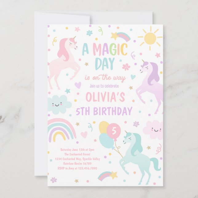 Invitation Magic Pastel Unicorn Rainbow Birthday Party (Devant)