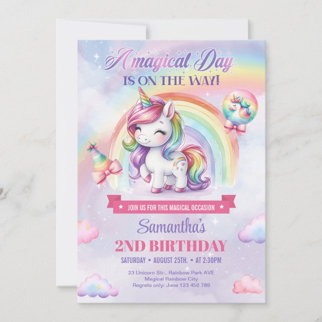 Invitation Magic Rainbow Unicorn fille deuxième anniversaire (Devant)