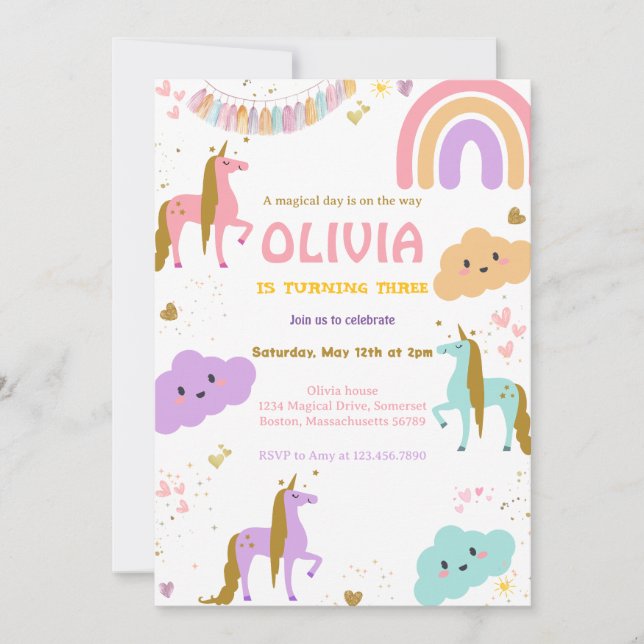 Invitation Magic Rainbow Unicorn Pink Pastel fête d'anniversa (Devant)