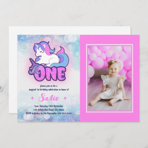 Invitation Magic rose violet Unicorne 1er anniversaire Photo