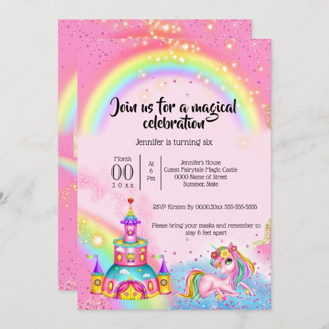 Invitation Magic unicorn ciel arc-en-ciel parties scintillant (Devant / Derrière)