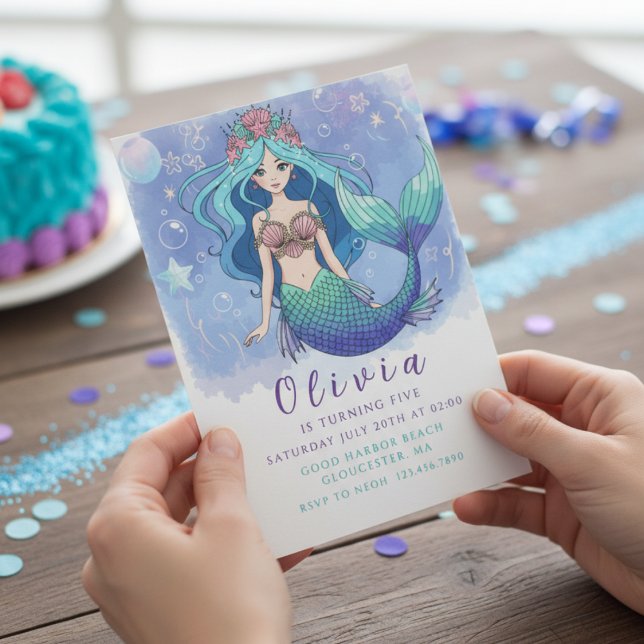 Invitation Magical Blue & Purple Mermaid Birthday Party  (Créateur téléchargé)