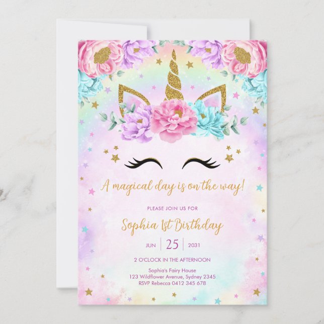 Invitation Magical Day Unicorn and Rainbows Birthday (Devant)