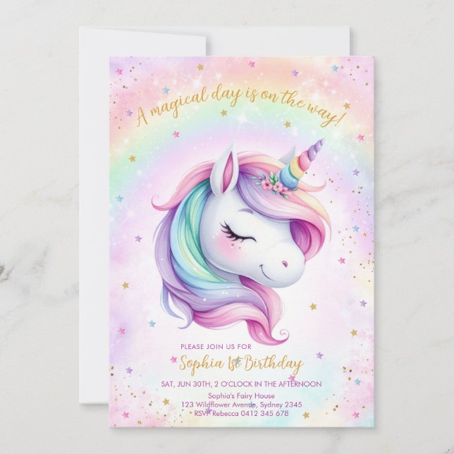Invitation Magical Day Unicorn and Rainbows Birthday (Devant)