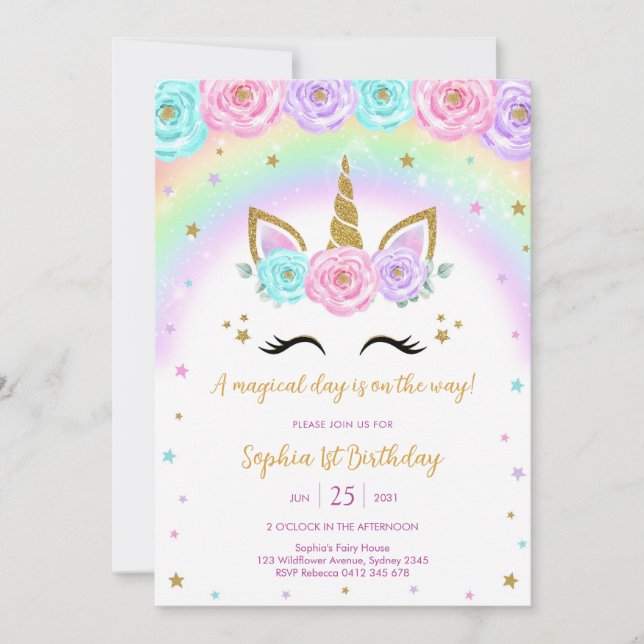 Invitation Magical Day Unicorn and Rainbows Birthday (Devant)