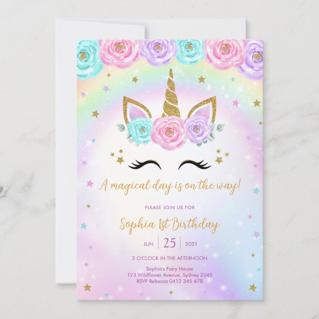 Invitation Magical Day Unicorn and Rainbows Birthday (Devant)