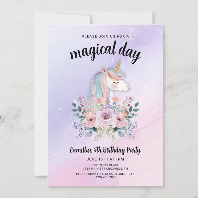 Invitation Magical Day Unicorns and Flowers Birthday Party (Devant)
