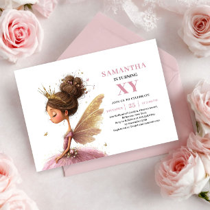 Invitation Magical Fairy Girl 3e Anniversaire Rose Pâle Doré