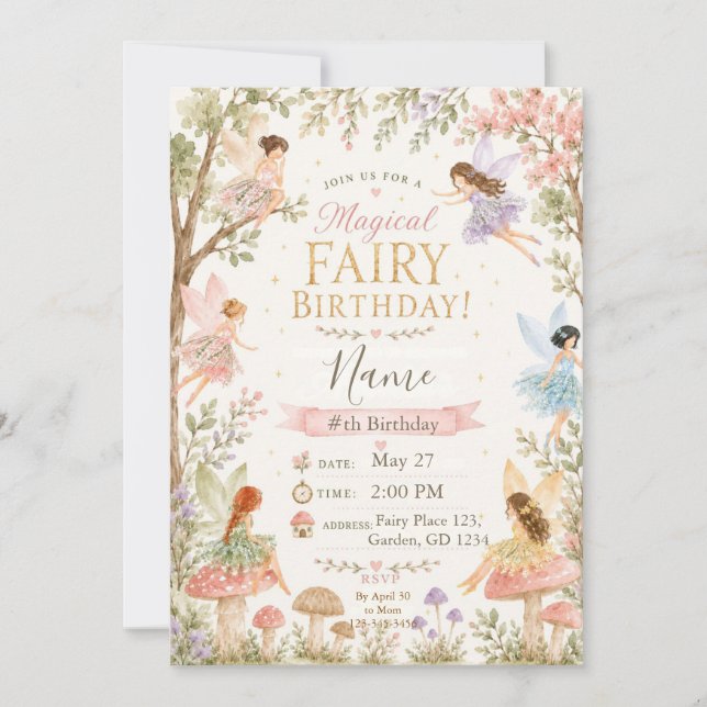 Invitation Magical Fée Floral Jardin Pixie Filles Anniversair (Devant)