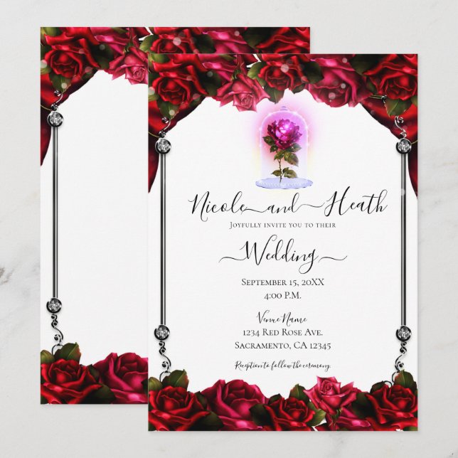 Invitation Magical Glow Rose rouge argentée Mariage Blanc  (Devant / Derrière)