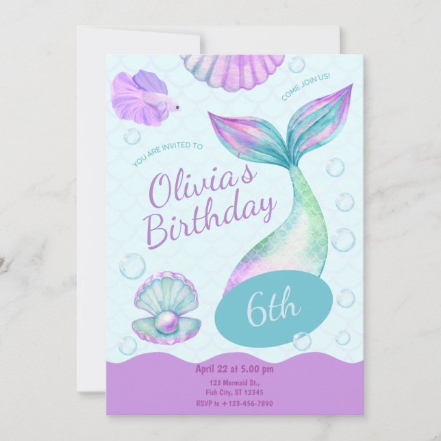 Invitation Magical Mermaid Under The Sea Birthday Party (Devant)