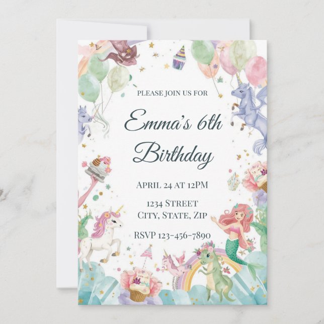 Invitation Magical Mermaids Unicorns Rainbows Kids Birthday (Devant)
