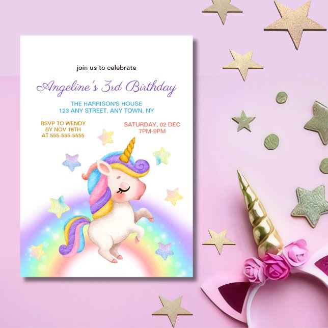 Invitation Magical Pastel Rainbow Stars Unicorn Birthday  (Créateur téléchargé)