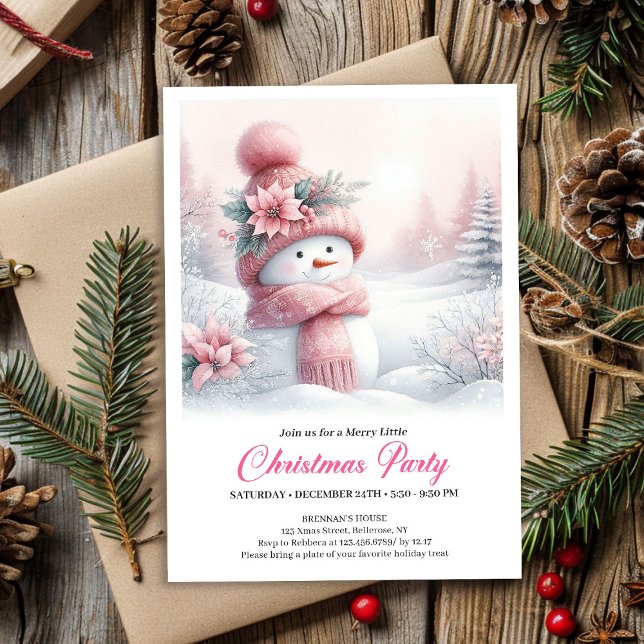 Invitation Magical Pink Snowman Editable Kids Christmas Party (Magical Pink Snowman Editable Kids Christmas Party Invite)