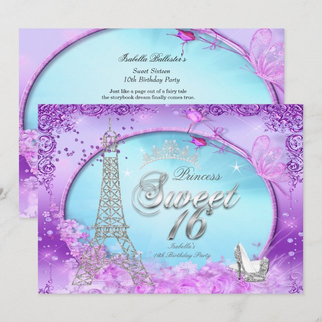 Invitation Magical Princess Sweet 16 violet Turquoise bleu (Devant / Derrière)