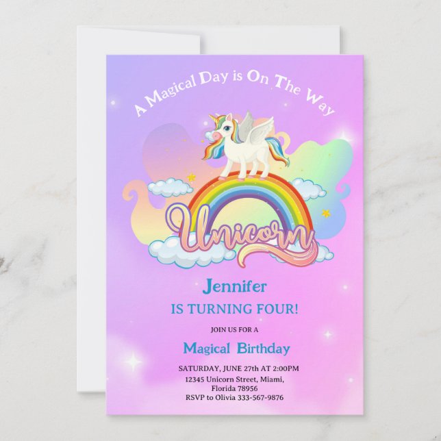 Invitation Magical Rainbow and Unicorn Birthday pink purple (Devant)
