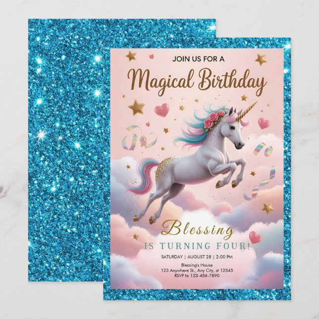Invitation Magical Rainbow Unicorn 4th Birthday (Devant / Derrière)