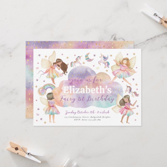 Invitation Magical Rainbow Unicorn Fairy First Birthday (Devant/Arrière en situation)