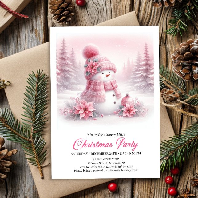 Invitation Magical Snowy Pink Coquette Snowman Editable Kids  (Magical Snowy Pink Coquette Snowman Editable Kids Invite)