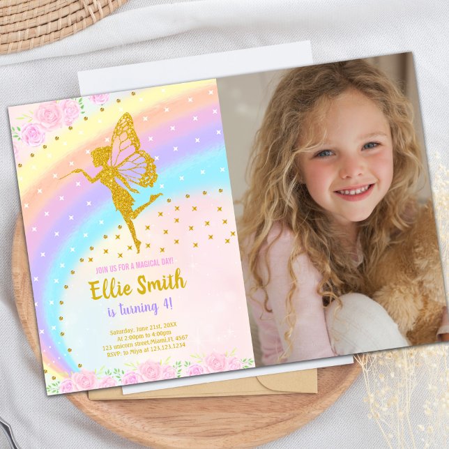 Invitation Magical Sparkle Party for Girls (Photo Rainbow Glitter Fairy Birthday Invitations)