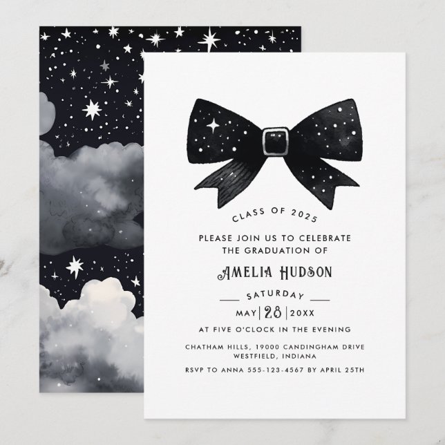 Invitation Magical Stars Black Bow Graduation Party (Devant / Derrière)