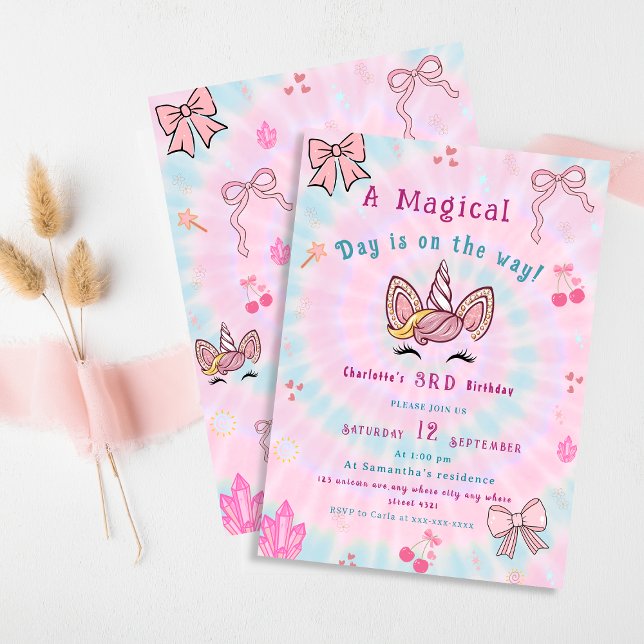 Invitation Magical Tie Dye Unicorn Coquette Bow Birthday (Créateur téléchargé)