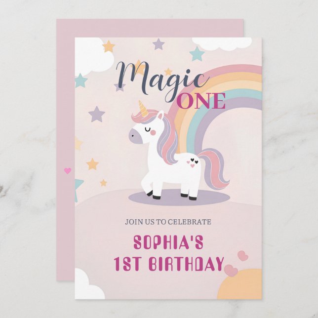 Invitation Magical Unicorn 1st Birthday (Devant / Derrière)