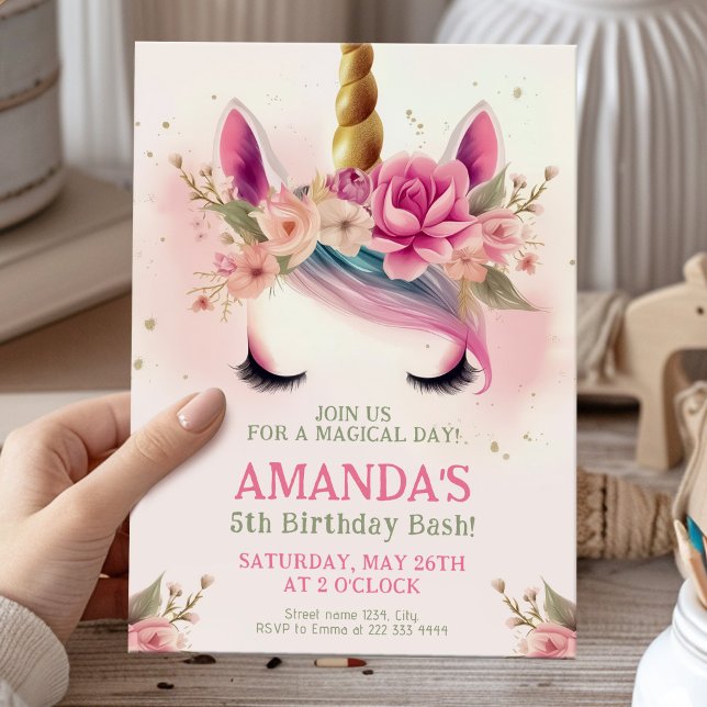 Invitation Magical Unicorn fête d'anniversaire avec fleurs (Créateur téléchargé)