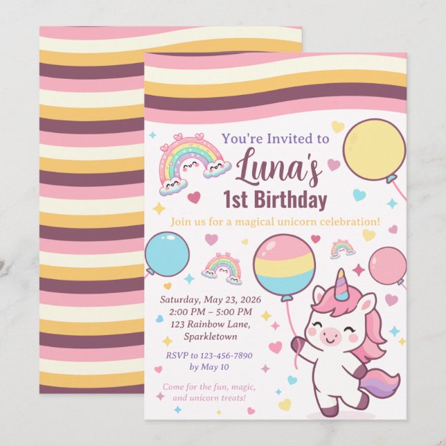 Invitation Magical Unicorn & Rainbow Girl 1st Birthday party (Devant / Derrière)