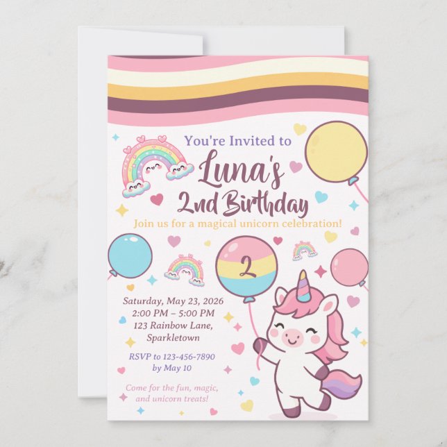 Invitation Magical Unicorn & Rainbow Girl 2nd Birthday party (Devant)