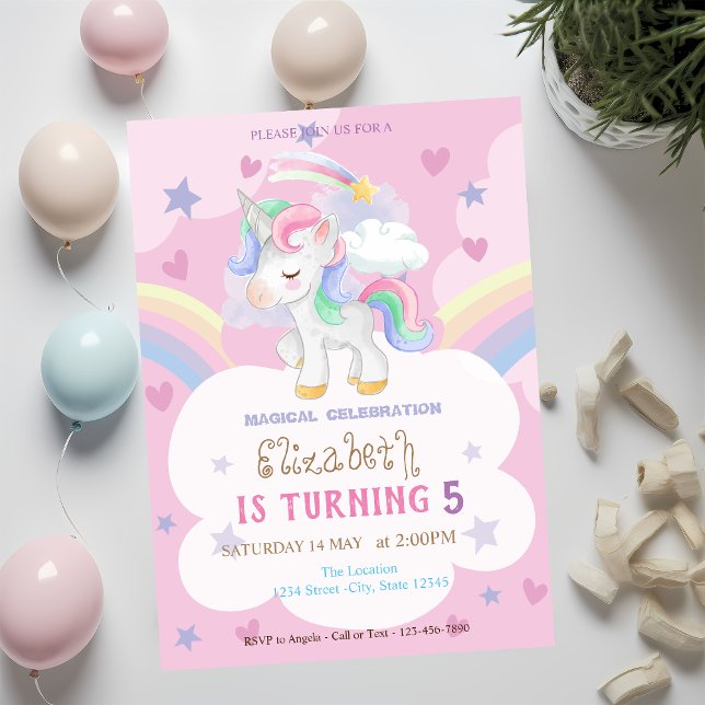Invitation Magical Unicorn Rainbow Stars Coeurs Anniversaire (Créateur téléchargé)