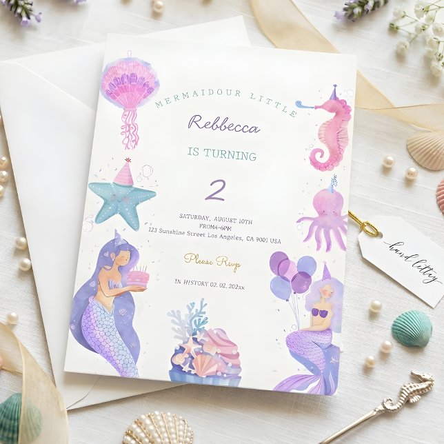 Invitation Magical Watercolor Mermaid 2nd Birthday  (Créateur téléchargé)