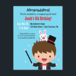 Invitation Magician Boy Kids Magic Birthday Party<br><div class="desc">Un invitation pour accompagner votre fête d'anniversaire de magie ! Il a un petit garçon mignon dans un habit magicien de gilet en tailleur noir et cravate arc rouge avec une baguette magique dans la main. Il a un petit lapin blanc sur les cheveux à côté du casquette magique. Idéal...</div>
