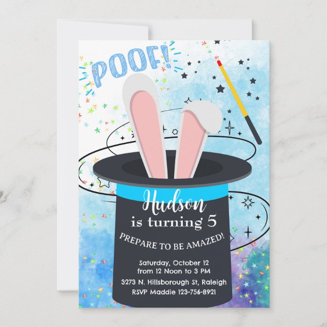 Invitation Magician hat and bunny boy birthday invite. (Devant)