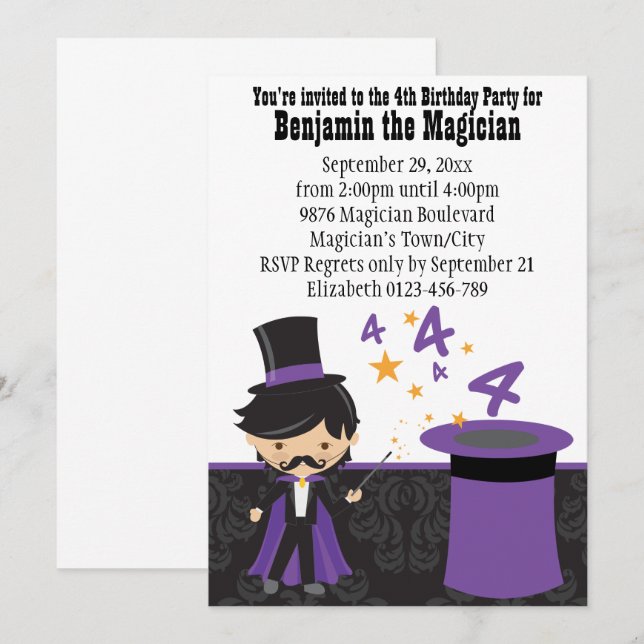 Invitation Magicien de dessin avec Casquette magique 4e anniv (Devant / Derrière)