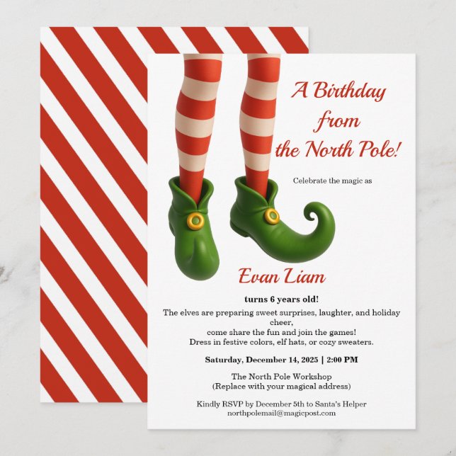 Invitation Magie d'anniversaire au Pôle Nord | Elfe enchanté (Devant / Derrière)