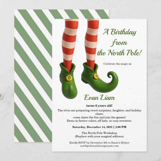 Invitation Magie d'anniversaire au Pôle Nord | Elfe enchanté (Devant / Derrière)